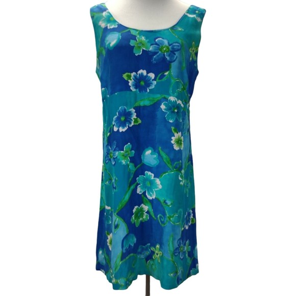 Vintage 90s Big Hed Mini Tank Dress Size L Blue Floral Rayon Empire Waist A Line - Picture 1 of 10